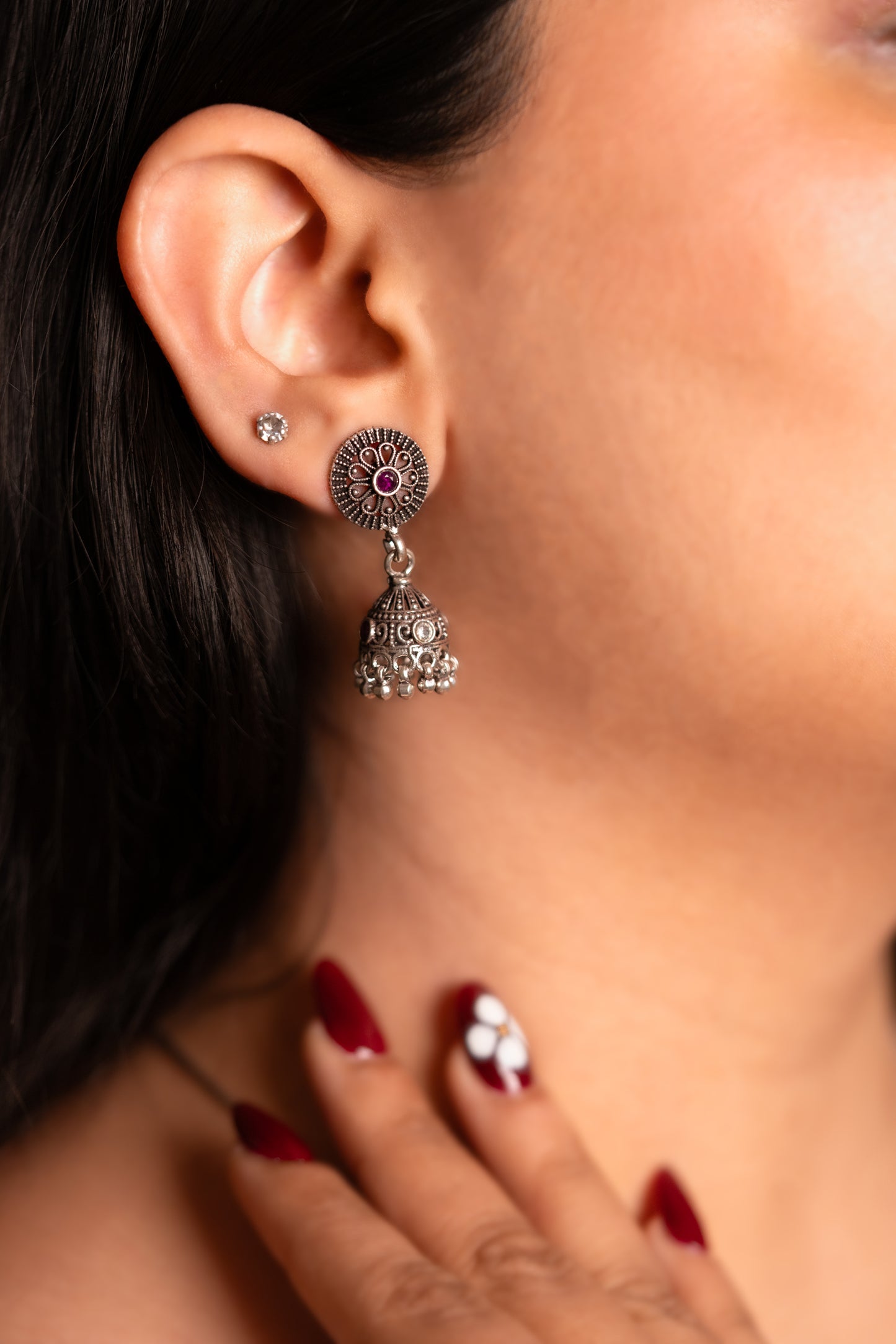 Reeva Ruby Bloom Bells-925 Oxidised Silver