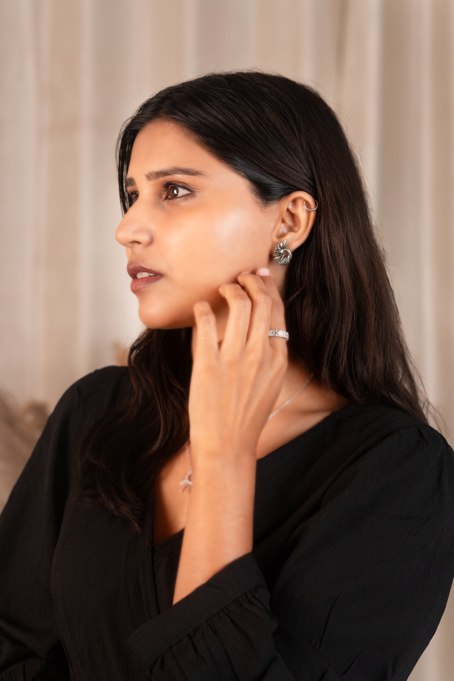 Reeva River Peacock Studs-925 Oxidised Silver