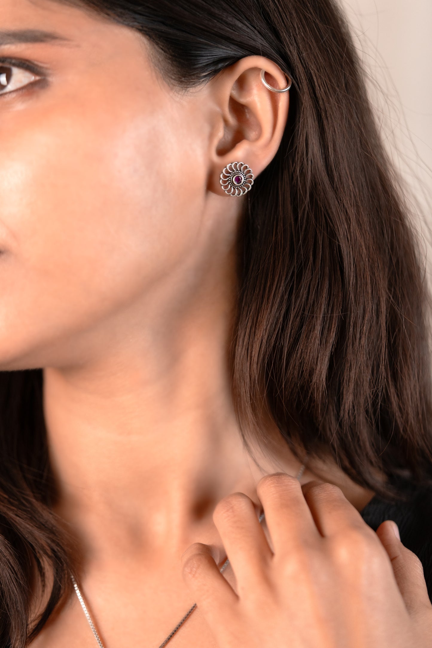 Reeva Ruby Ripple Studs-Oxidised Silver