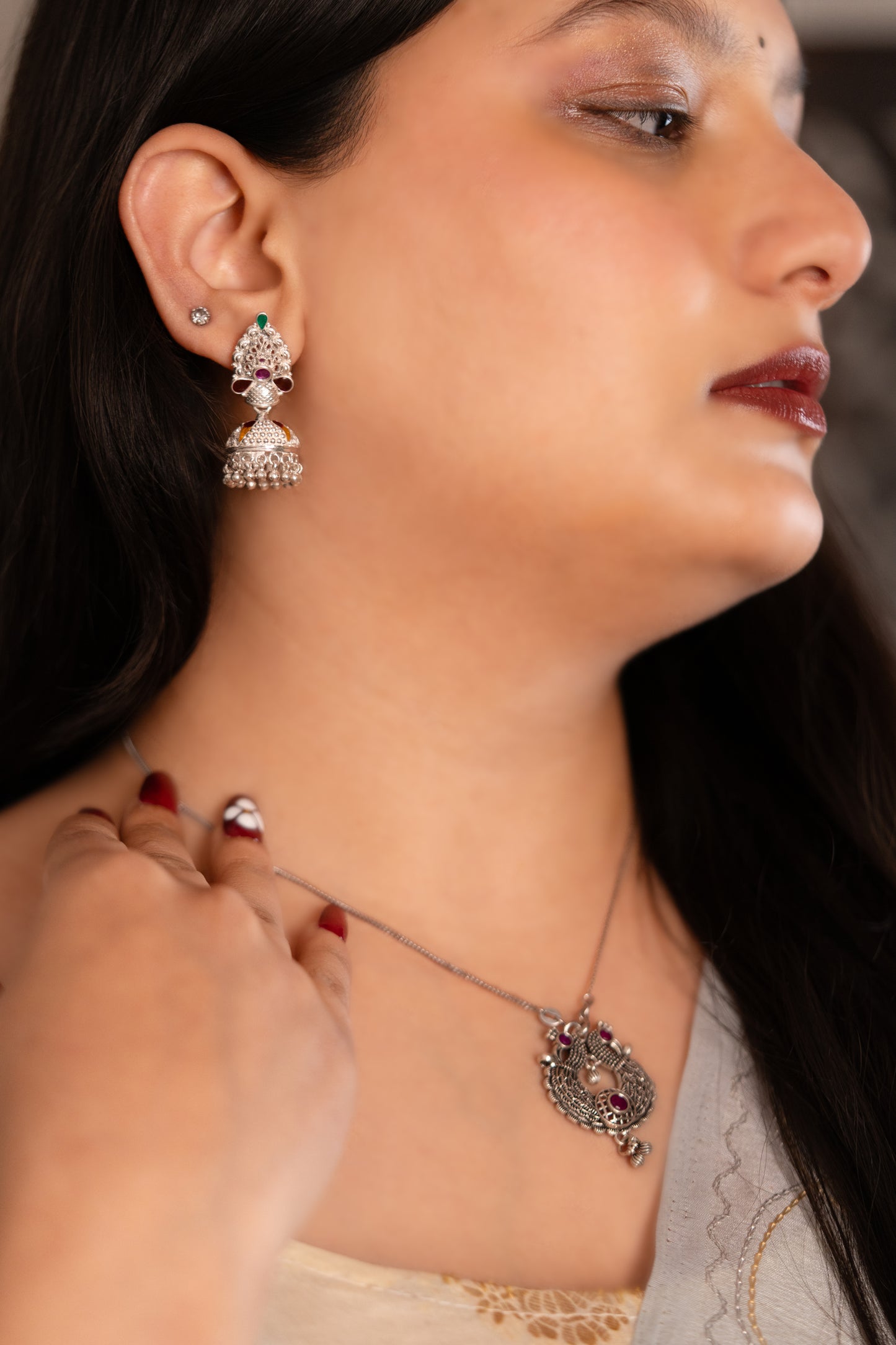 Reeva Manik Panna Bells-Oxidised Silver