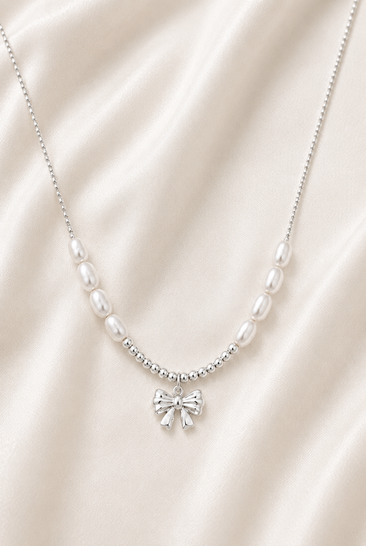 Reeva Pearl Bow Necklace-925 Sterling Silver