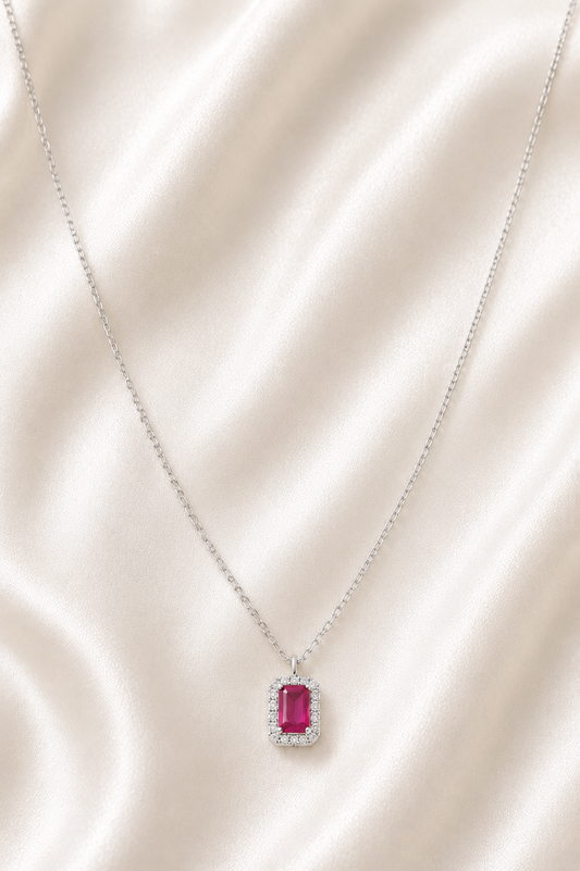 Reeva Radiant Ruby Halo Necklace-925 Sterling Silver